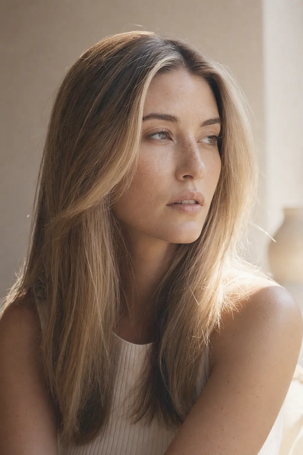 Clean blonde face-framing color in natural light